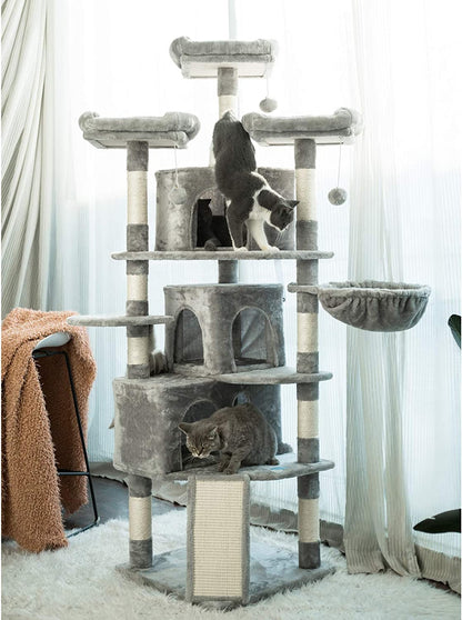 XL Size Cat Tree, 73.4 Inch Cat Tower with 3 Caves, 3 Cozy Perches, Scratching Posts, Board, Activity Center Stable for Kitten/Gig Cat, Light Gray MPJ032W