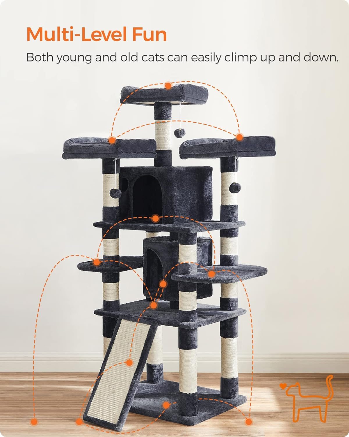 67-Inch Multi-Level Cat Tree for Large Cats, with Cozy Perches, Stable, Smoky Gray UPCT18G