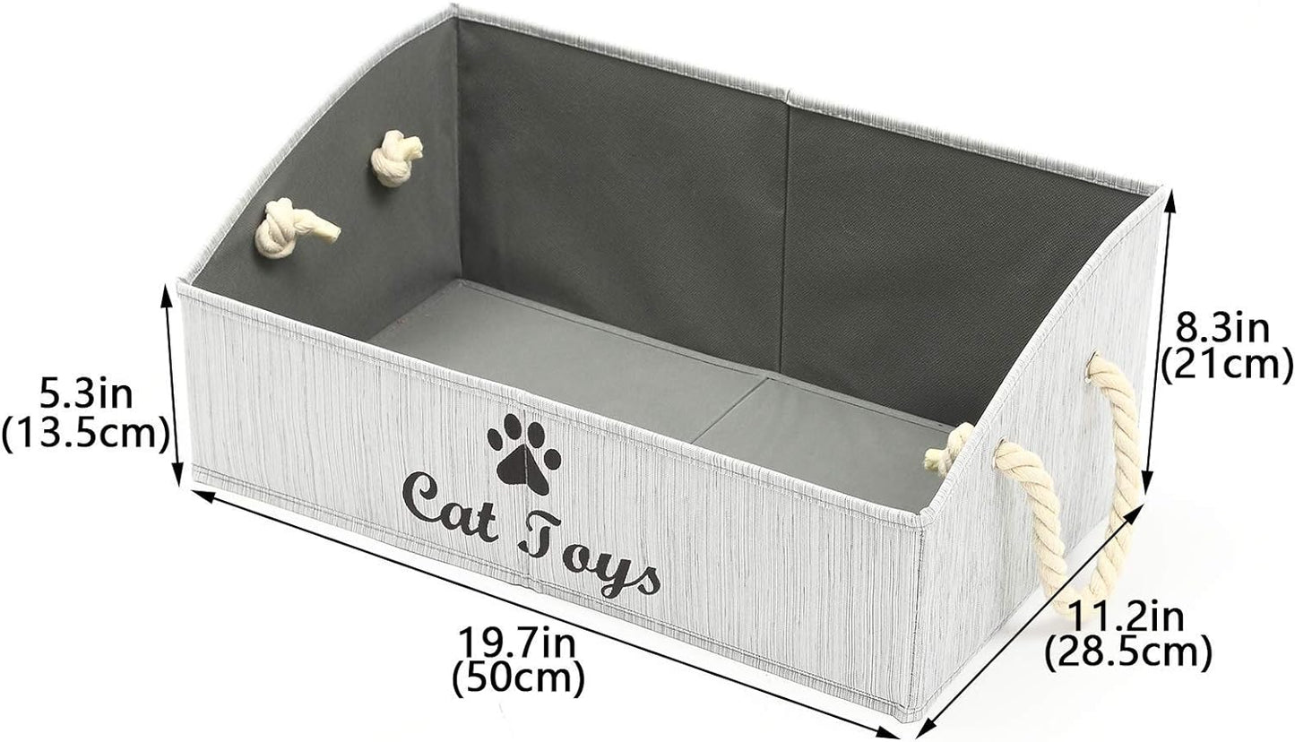 Large Cat Toys Storage Bins - Foldable Fabric Trapezoid Organizer Boxes with Weave Rope Handle, Collapsible Basket for Shelves,Cat Toys,Cat Apparel & Accessories(Gray-Cat)