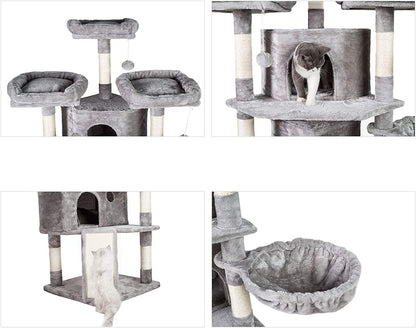 XL Size Cat Tree, 73.4 Inch Cat Tower with 3 Caves, 3 Cozy Perches, Scratching Posts, Board, Activity Center Stable for Kitten/Gig Cat, Light Gray MPJ032W