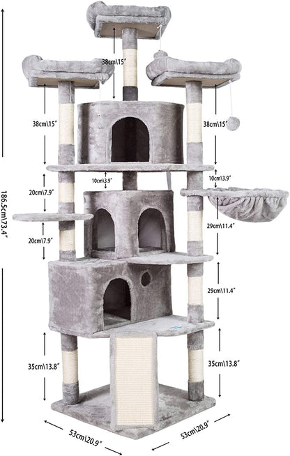 XL Size Cat Tree, 73.4 Inch Cat Tower with 3 Caves, 3 Cozy Perches, Scratching Posts, Board, Activity Center Stable for Kitten/Gig Cat, Light Gray MPJ032W