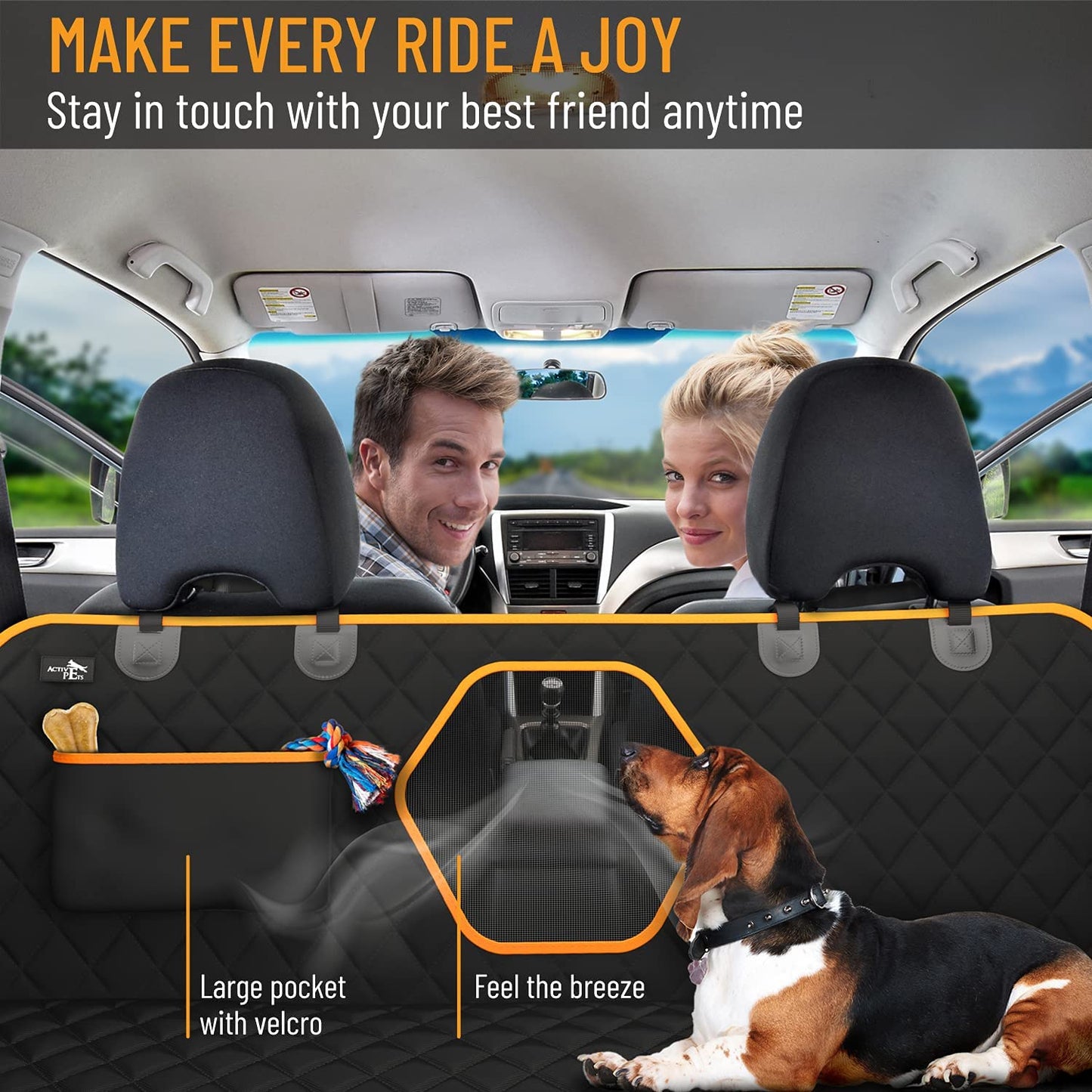 Dog Car Seat Cover for Back Seat, Waterproof Pet Protection Hammock, SUV Truck Car Backseat Protector with Safety Features, Orange