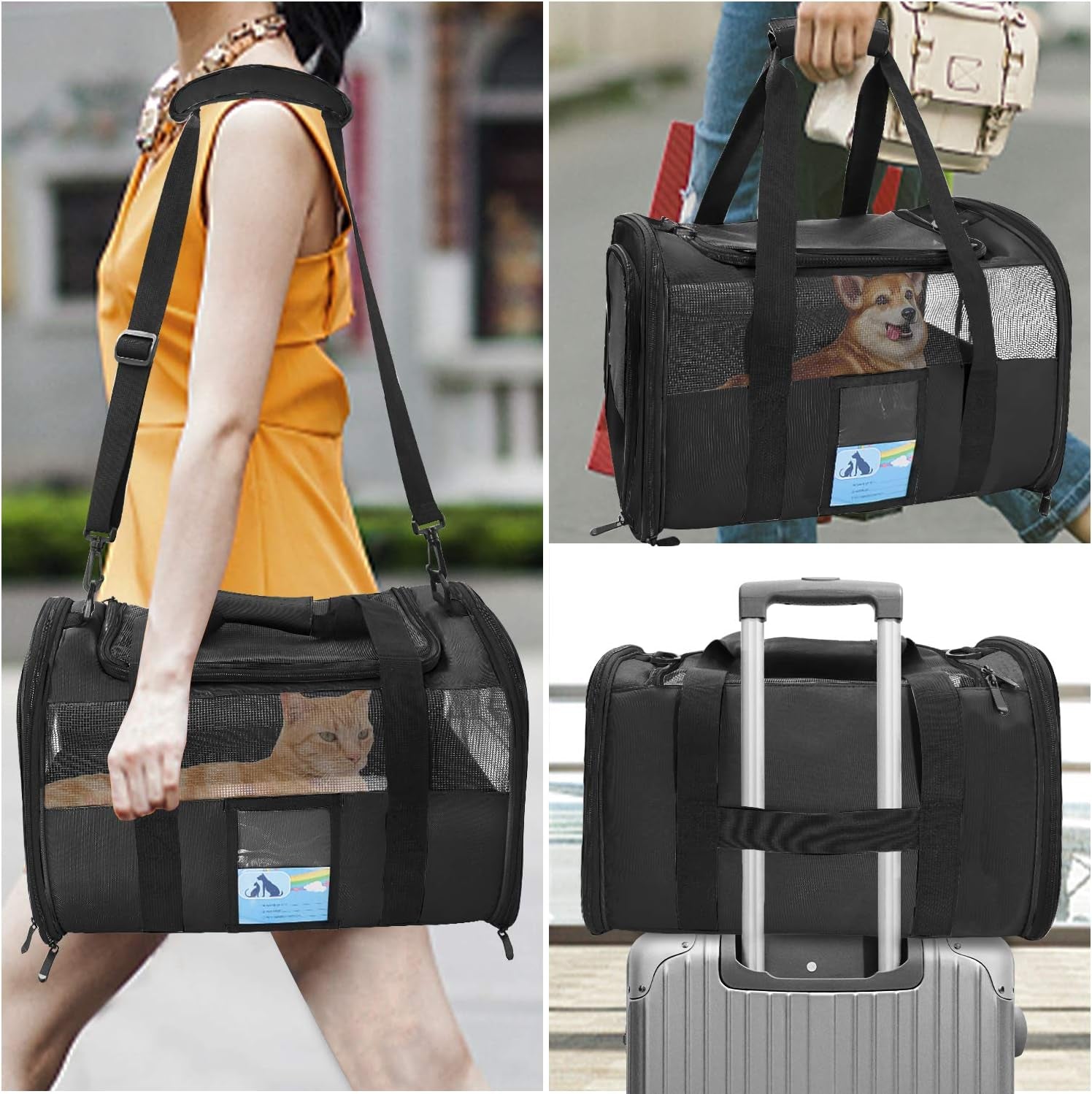 Pet Carrier Airline Approved, Cat Carriers for Medium Cats Small Cats, Soft Dog Carriers for Small Dogs Medium Dogs, TSA Approved Pet Carrier for Cats Dogs of 15 Lbs, Puppy Carrier,Black