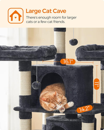 67-Inch Multi-Level Cat Tree for Large Cats, with Cozy Perches, Stable, Smoky Gray UPCT18G