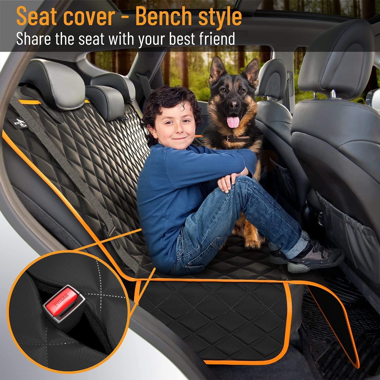 Dog Car Seat Cover for Back Seat, Waterproof Pet Protection Hammock, SUV Truck Car Backseat Protector with Safety Features, Orange