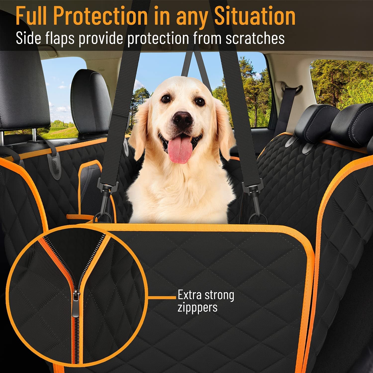 Dog Car Seat Cover for Back Seat, Waterproof Pet Protection Hammock, SUV Truck Car Backseat Protector with Safety Features, Orange