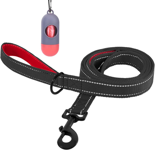 5Ft Dog Leash, Heavy Duty Rope Leash with 2 Padded Handle – Pet Training Lead with 3M Reflective Double Handle for Traffic Control Safety, Perfect for Large Medium or Small Dog (Black+Red)