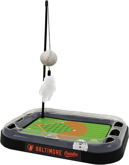 Cat Scratching Toy MLB BALTIMORE ORIOLES Baseball Field Cat Scratcher Toy with Interactive Cat Ball Bell in Tracks. 5-In-1 CAT TOY: Cat Wand Poll with CATNIP FILLED Plush Baseball & Feathers.