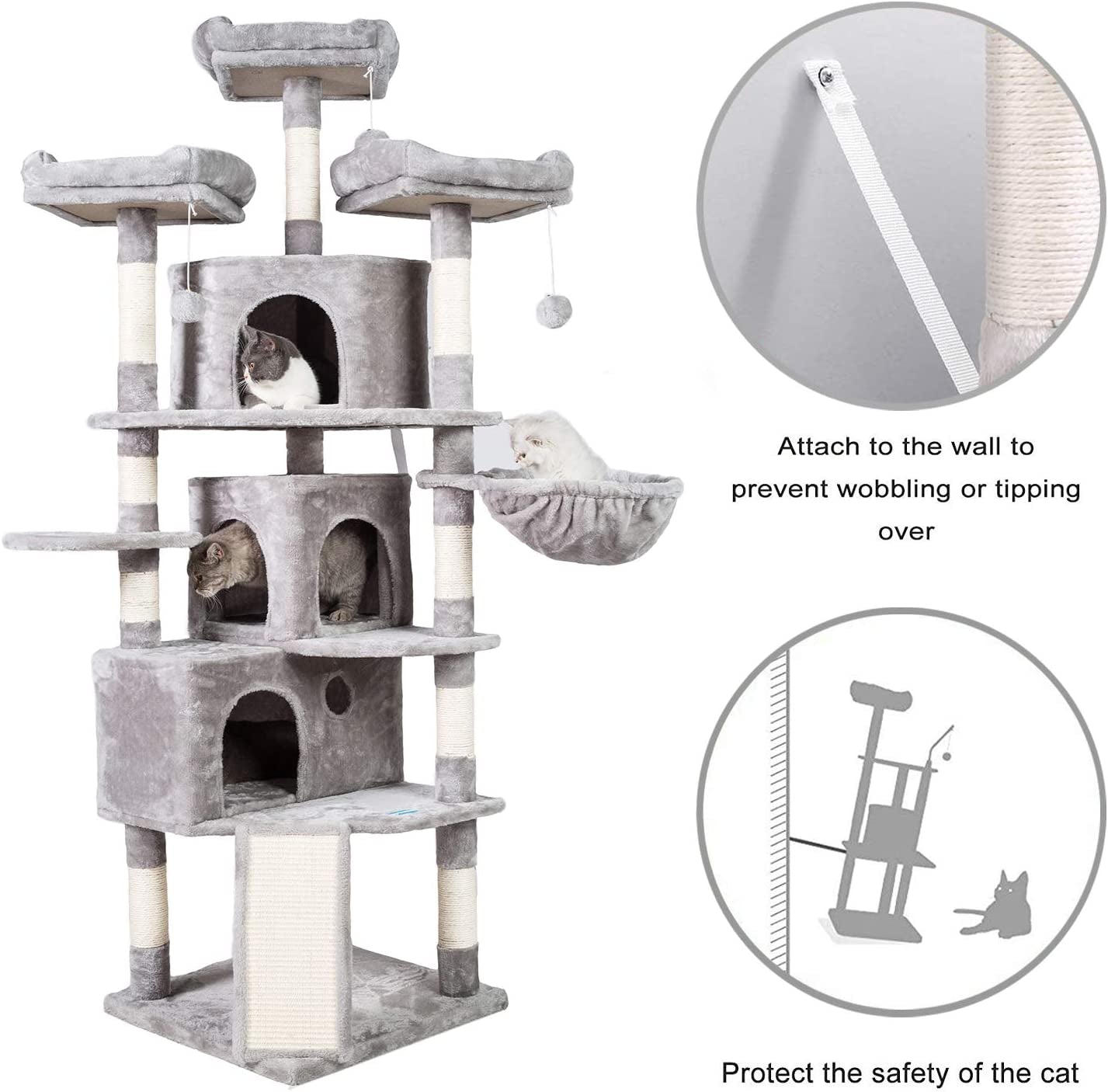 XL Size Cat Tree, 73.4 Inch Cat Tower with 3 Caves, 3 Cozy Perches, Scratching Posts, Board, Activity Center Stable for Kitten/Gig Cat, Light Gray MPJ032W