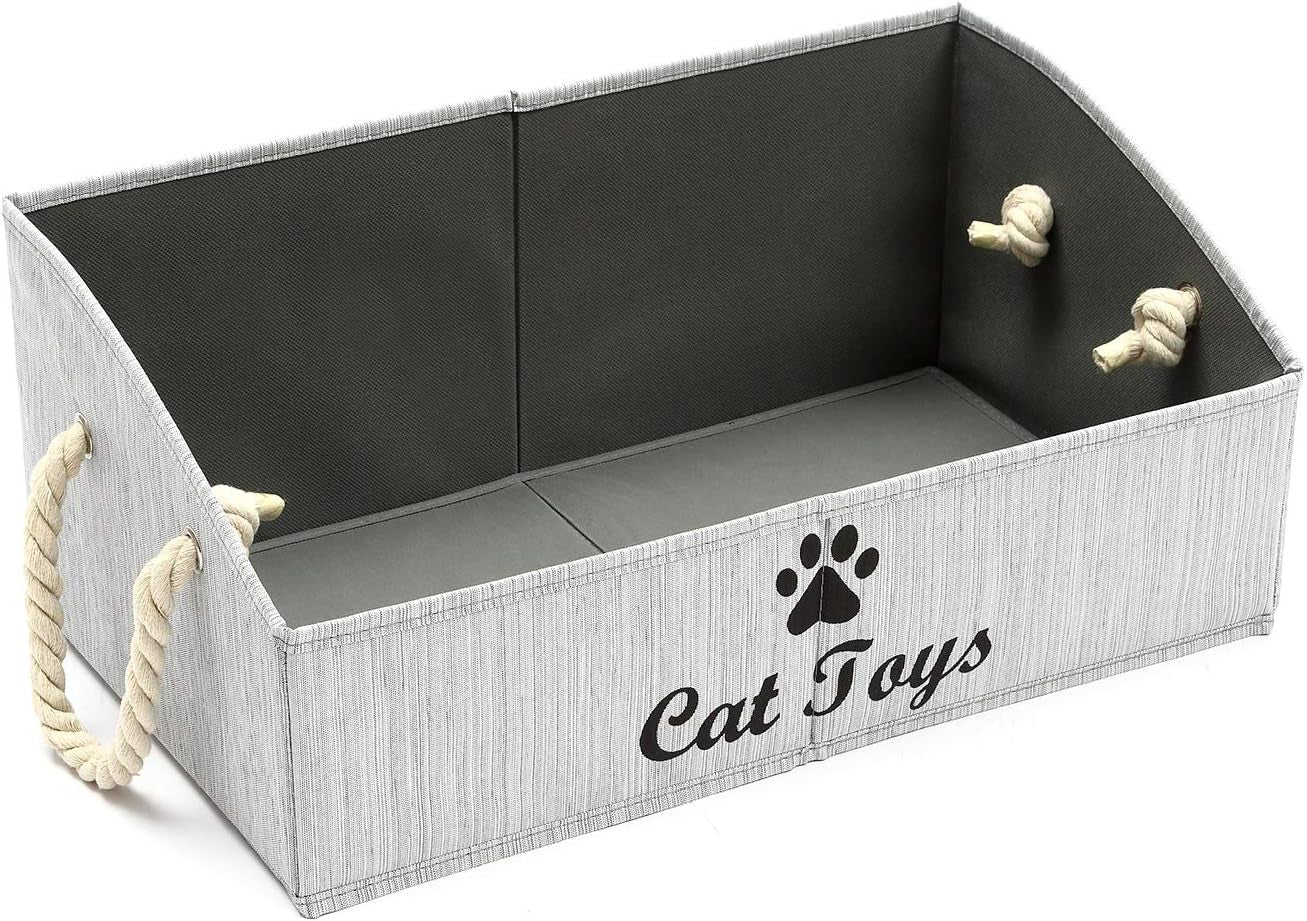 Large Cat Toys Storage Bins - Foldable Fabric Trapezoid Organizer Boxes with Weave Rope Handle, Collapsible Basket for Shelves,Cat Toys,Cat Apparel & Accessories(Gray-Cat)