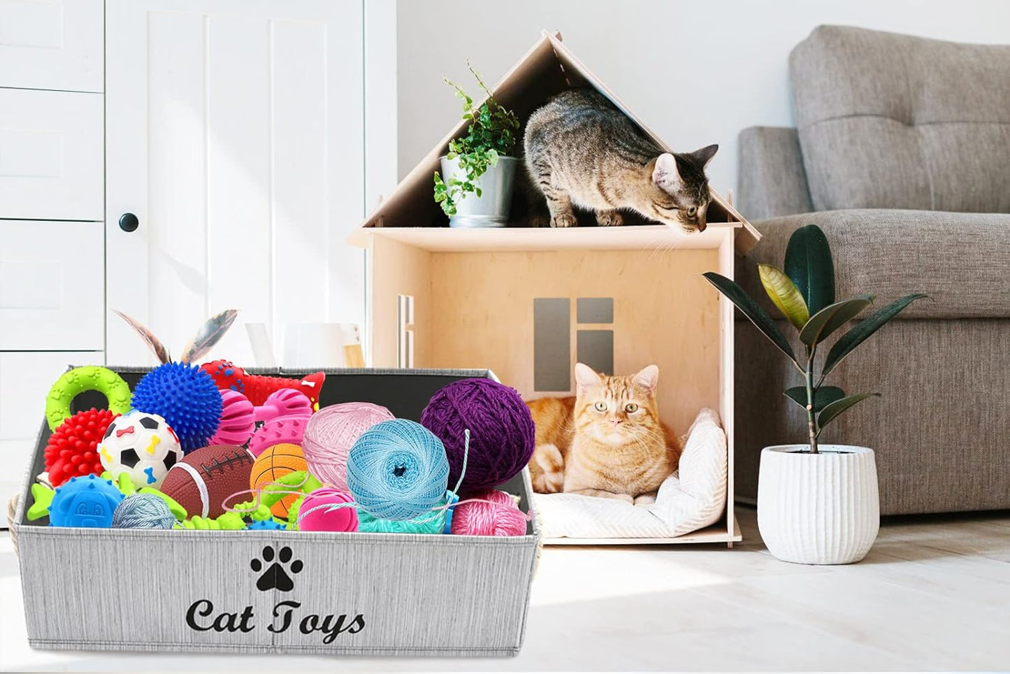 Large Cat Toys Storage Bins - Foldable Fabric Trapezoid Organizer Boxes with Weave Rope Handle, Collapsible Basket for Shelves,Cat Toys,Cat Apparel & Accessories(Gray-Cat)