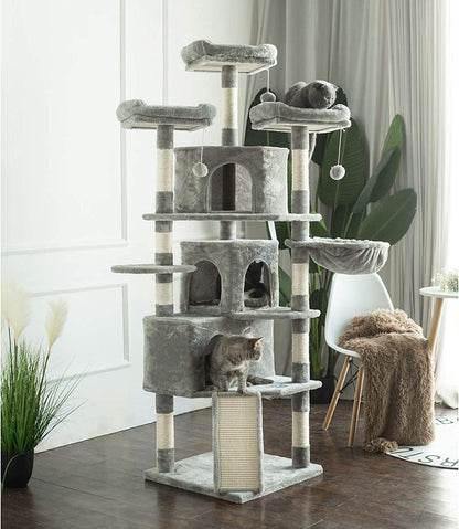 XL Size Cat Tree, 73.4 Inch Cat Tower with 3 Caves, 3 Cozy Perches, Scratching Posts, Board, Activity Center Stable for Kitten/Gig Cat, Light Gray MPJ032W