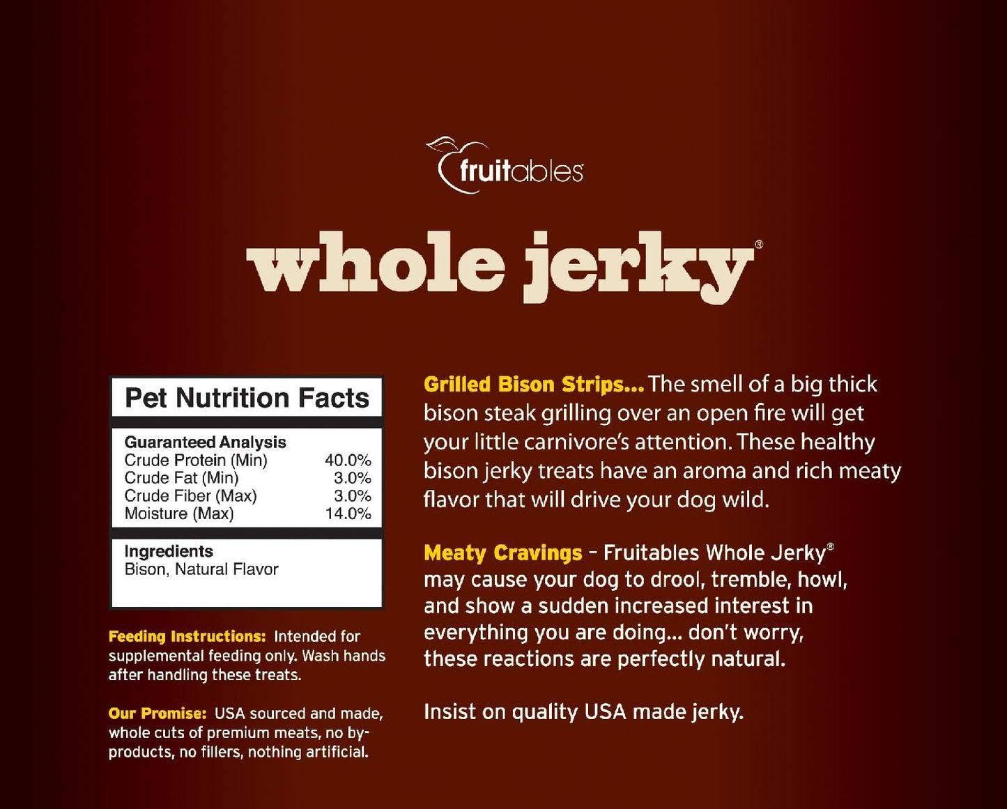 Whole Jerky Dog Treats | Jerky Strips for Dogs | Gluten Free, Grain Free, Wheat Free | Made with Premium Meat and No Added Fillers | Grilled Bison | 12 Ounces